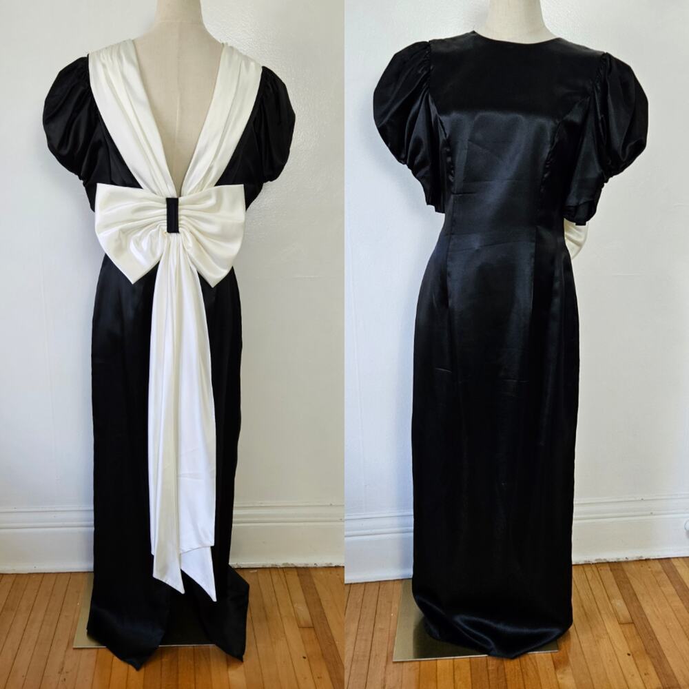 Vintage Bill Levkoff Big Bow Back Satin Gown 11/13 Black White Cocktail Formal